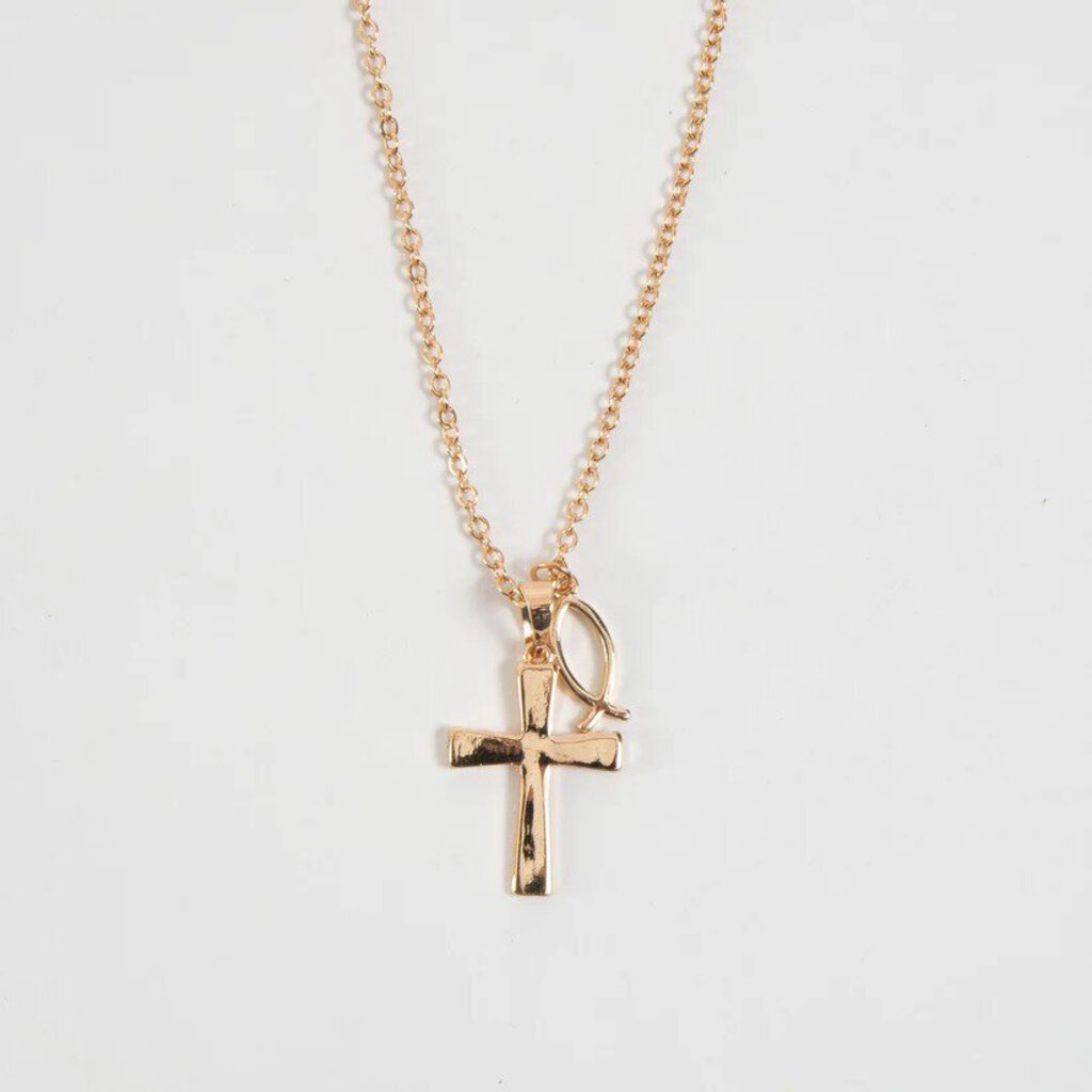 Carey Inspirational Gold Cross & Jesus Fish 16" Necklace