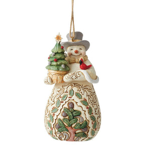 Jim Shore Heartwood Creek White Woodland Collection Snowman with Evergreen Ornament