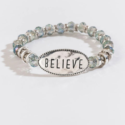 Believe Gray Bead Silver Stretch Bracelet